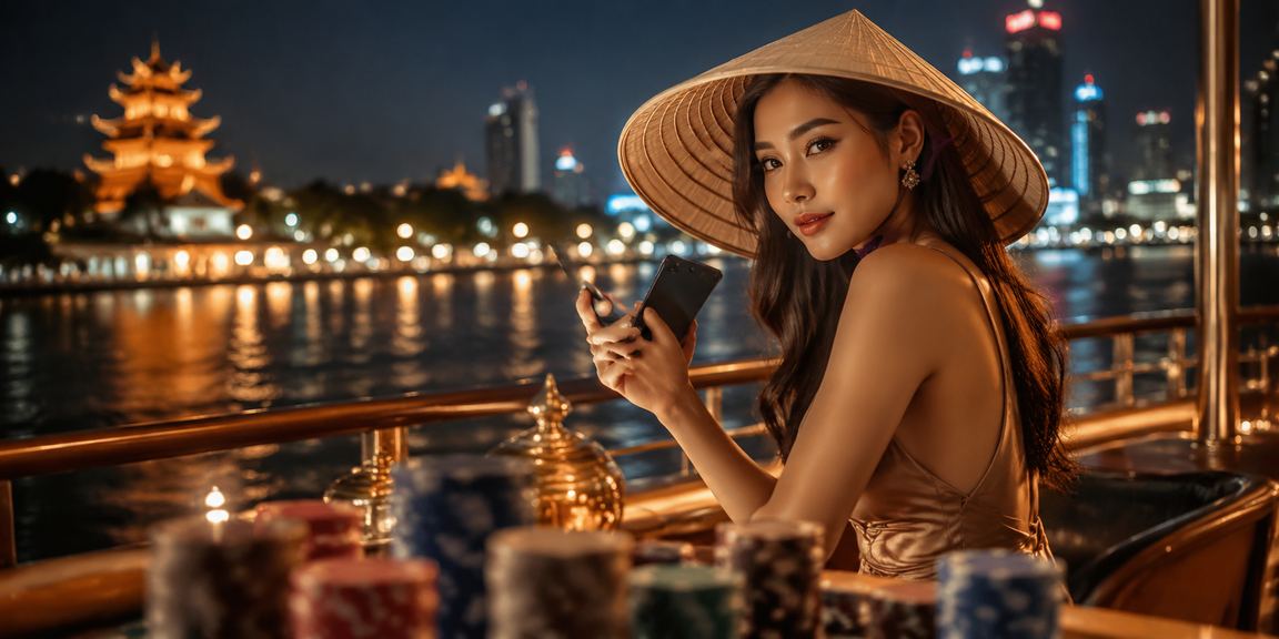 Người dùng tại Sài Gòn duyệt danh mục casino trên điện thoại với nón lá